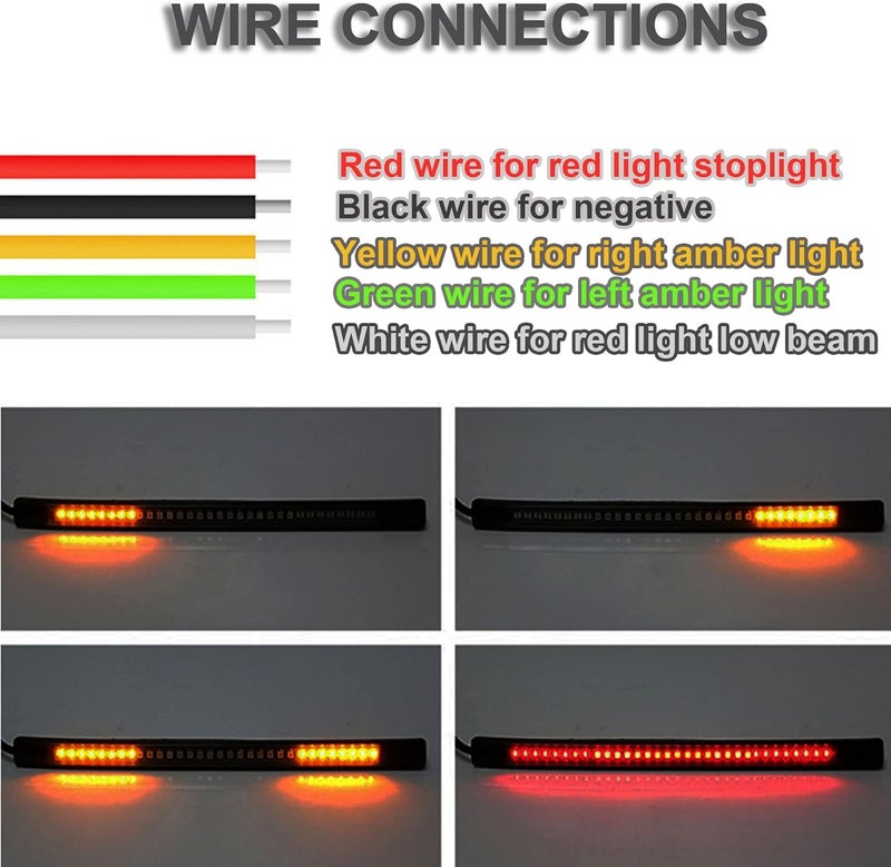BLUERICE Universal Motorcycle Tail Light, Motorcycle Tail Brake Stop Turn Signal Light, 48LED 8” Flexible Strip License Plate Lights (Amber/Red) - Image 3